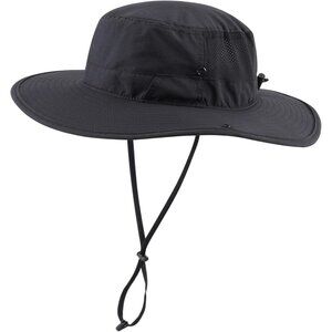 Unisex Black 100% Nylon Wide Brim Boonie With Chin Strap Classic Bucket Hat